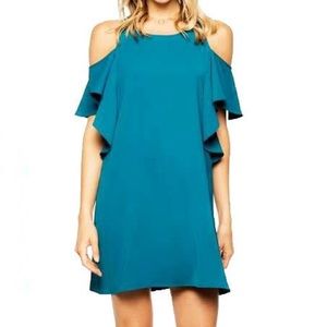 Leeli Lou Womens Cold Shoulder Ruffle Shift Mini Dress Teal Green size Small